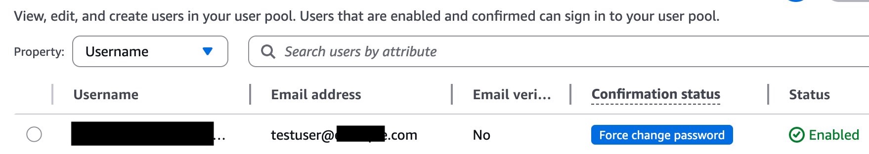 Test user created and enabled in the User Pool