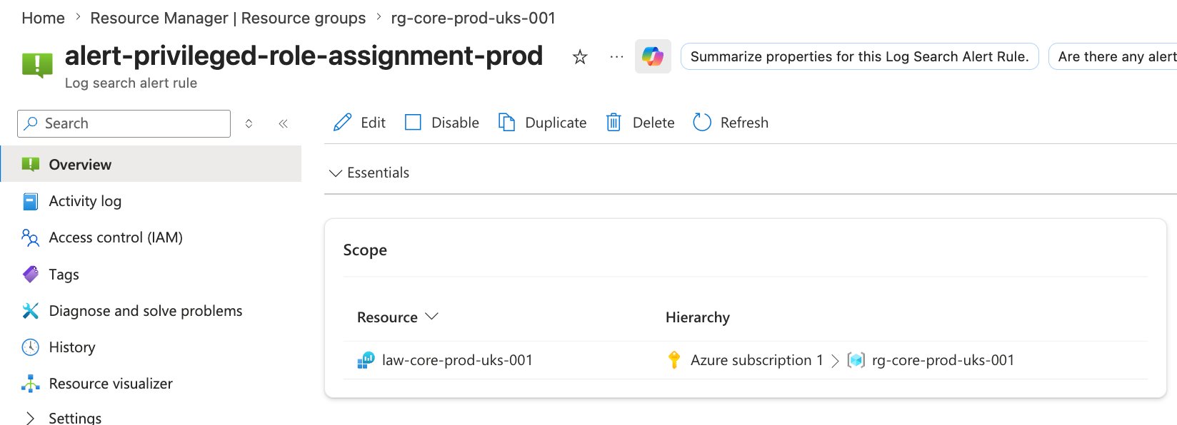 Alert rule scoped to the Log Analytics workspace, configured to fire on any successful privileged role assignment write — a detection control relevant to SOC and cloud security teams.